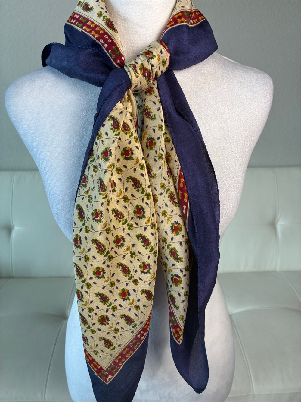 100% Silk Cream Floral Paisley Scarf with Navy Border- Made in India